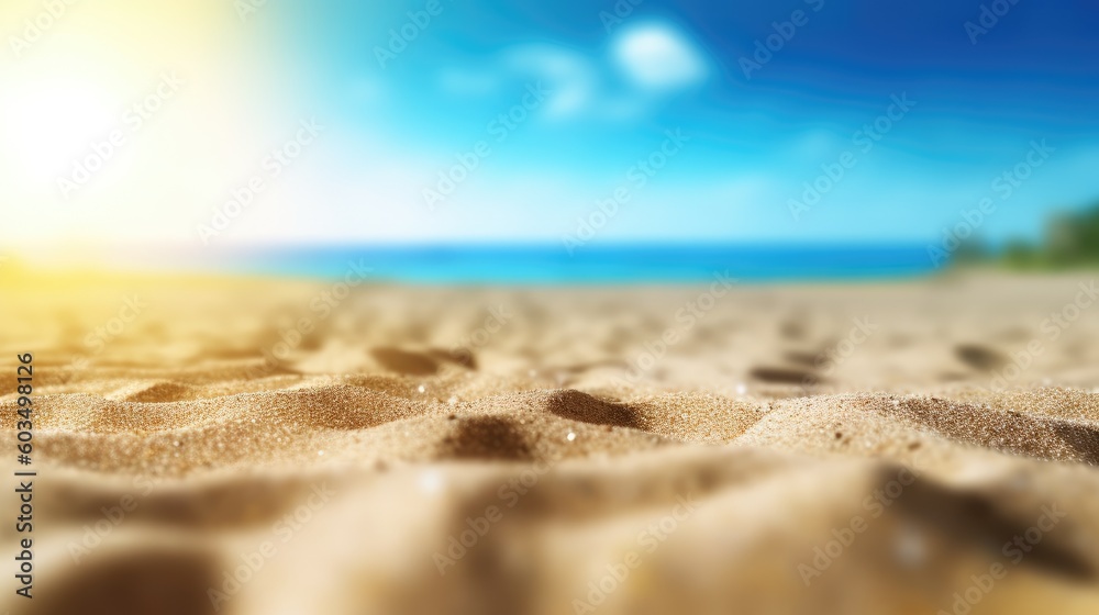 Tropical summer sand beach and bokeh sun light on sea background. Generative AI Tropical summer sand beach and bokeh sun light on sea background. Generative AI