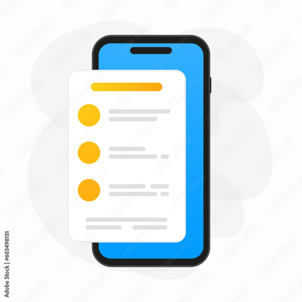 Check list document on smartphone, smartphone with paper check list and to do list with checkboxes, concept of survey, online quiz, completed things or done test, feedback. Vector illustration Check list document on smartphone, smartphone with paper check list and to do list with checkboxes, concept of survey, online quiz, completed things or done test, feedback. Vector illustration