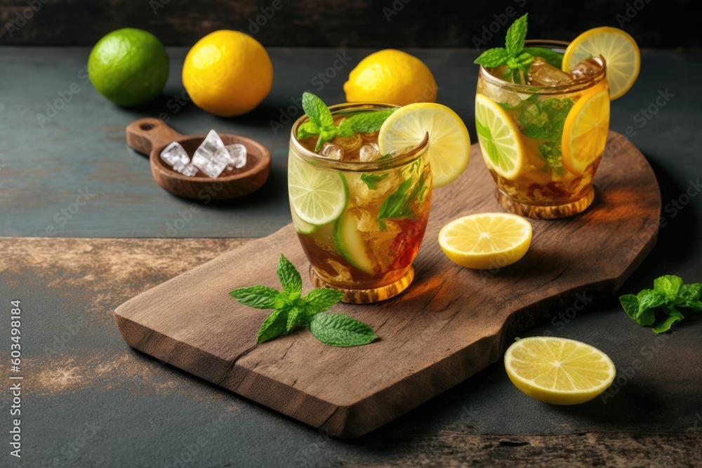wooden cutting board with two refreshing glasses of lemonade. Generative AI
