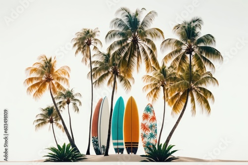 surfboards resting on a sandy beach. Generative AI © 2rogan