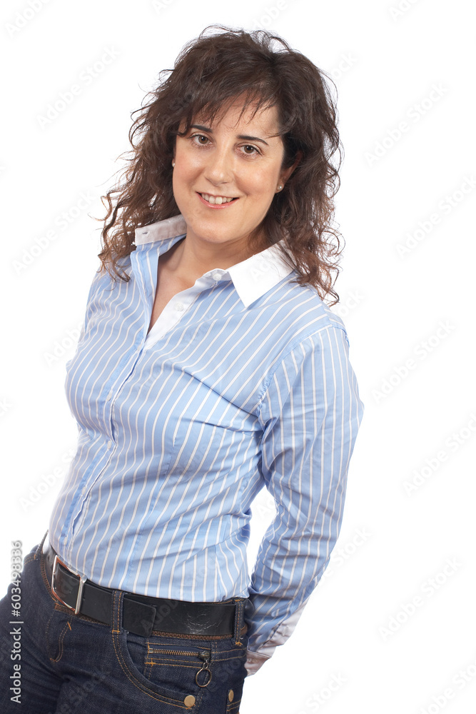 Portrait of a smiling woman over a white background Portrait of a smiling woman over a white background