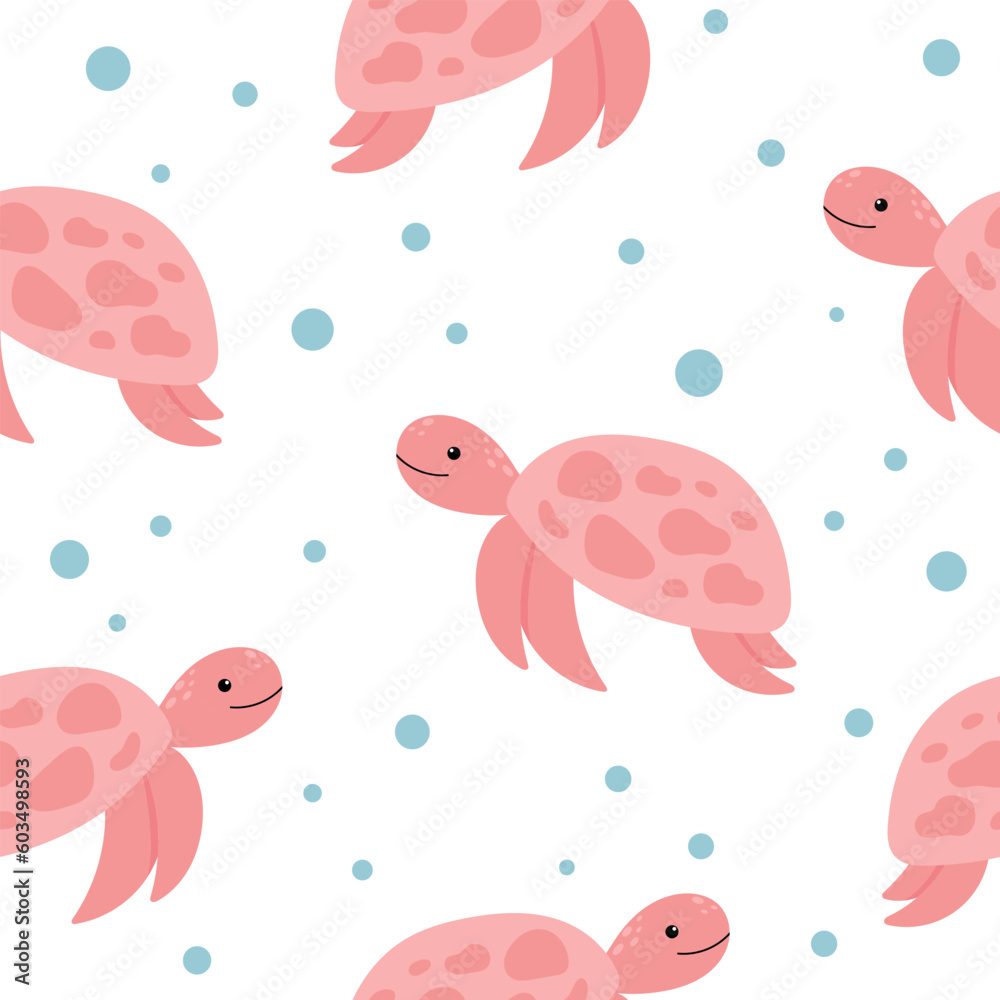 Seamless sea pattern with hand drawn turtle. Sea life vector illustration. Vector colorful childish seamless repeat simple flat pattern with turtle on white background. Cute turtle. Seamless sea pattern with hand drawn turtle. Sea life vector illustration. Vector colorful childish seamless repeat simple flat pattern with turtle on white background. Cute turtle.
