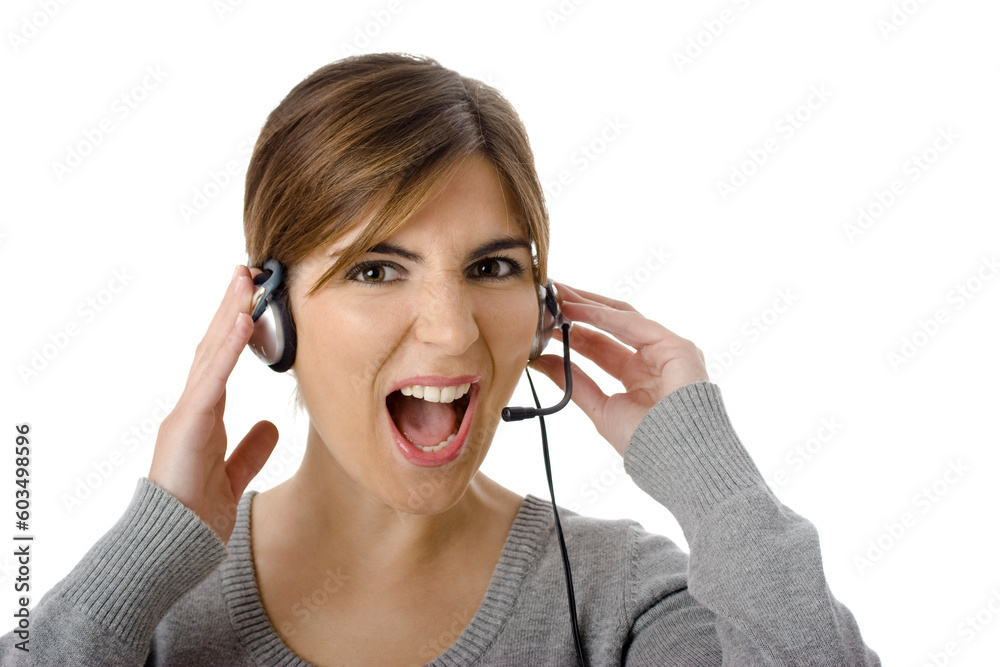 Close-up portrait of an attractive business woman with headset Close-up portrait of an attractive business woman with headset