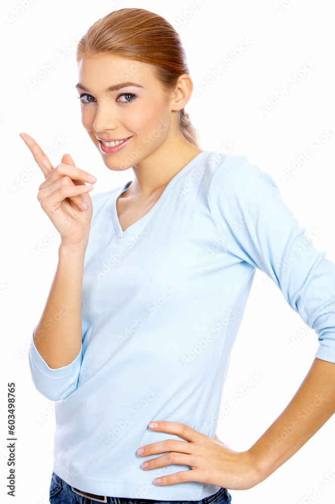Portrait of a nice looking blond woman making waring gesture Portrait of a nice looking blond woman making waring gesture