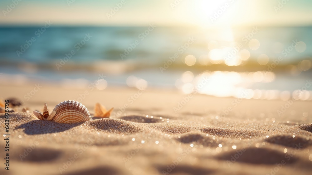 Tropical summer sand beach and bokeh sun light on sea background. Generative AI Tropical summer sand beach and bokeh sun light on sea background. Generative AI