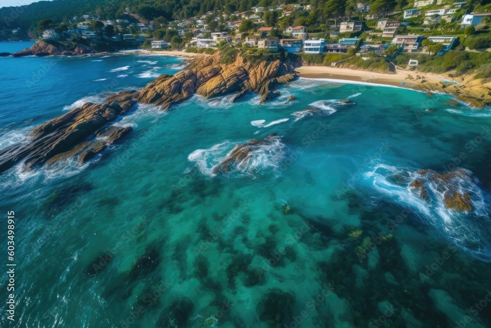 aerial beach and ocean view with crystal clear waters. Generative AI