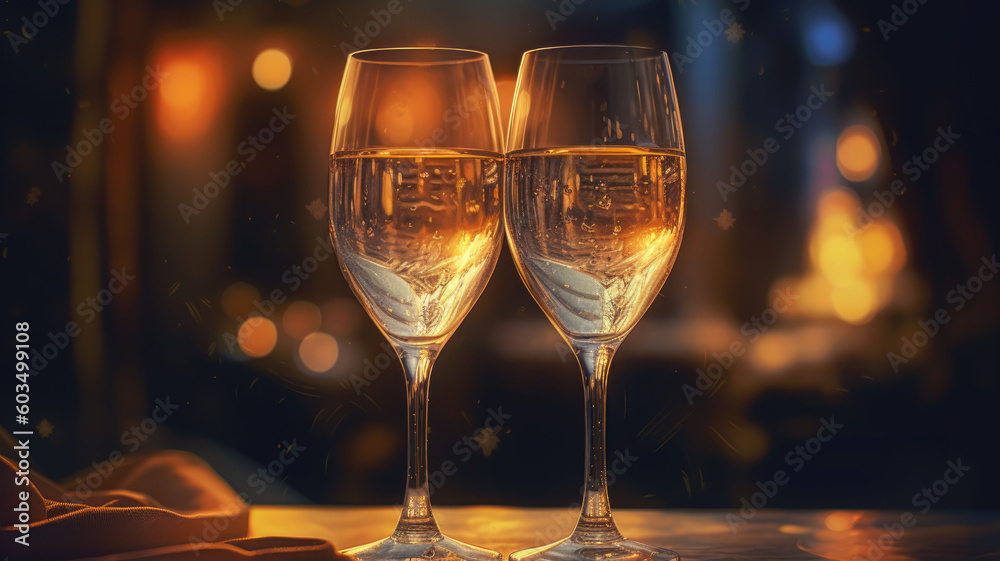 christmas story. two glasses of champagne. Copyspace. Generative AI christmas story. two glasses of champagne. Copyspace. Generative AI