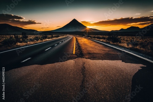 scenic road with a majestic mountain backdrop. Generative AI