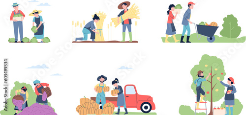 Harvesting autumn people, fall seasonal harvest. Outdoor recreation, agriculture women and men. Farmers in garden, farm recent vector scenes