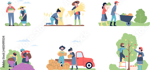 Harvesting autumn people  fall seasonal harvest. Outdoor recreation  agriculture women and men. Farmers in garden  farm recent vector scenes