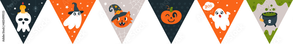 Cartoon halloween freaky bunting graphics. Simple child banners with pumpkin, ghost and cat. Festive flags garland, hanging party classy vector element Cartoon halloween freaky bunting graphics. Simple child banners with pumpkin, ghost and cat. Festive flags garland, hanging party classy vector element