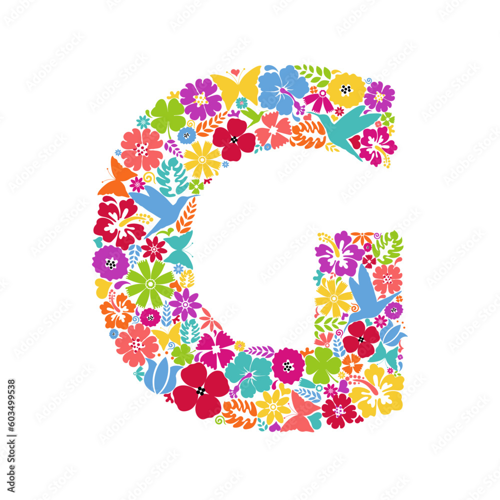 Flower alphabet. Flower symbols forming letter G. Floral ornament in the form of a letter. Flower alphabet. Flower symbols forming letter G. Floral ornament in the form of a letter.