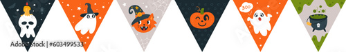 Cartoon halloween freaky bunting graphics. Simple child banners with pumpkin, ghost and cat. Festive flags garland, hanging party classy vector element