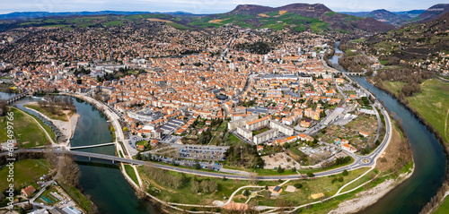 Aerial above the old town of Millau in France on a sunny day in early spring.