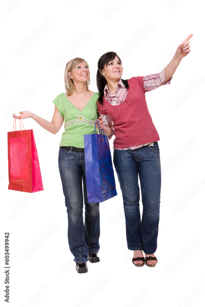 two attractive women with shopping bags. over white background two attractive women with shopping bags. over white background
