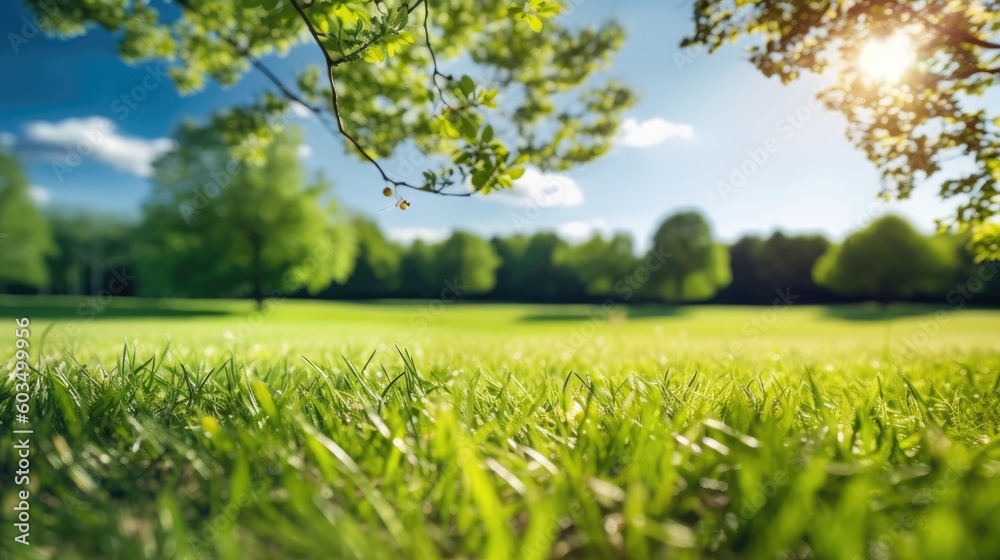 Beautiful blurred background image of spring nature with a neatly trimmed lawn surrounded by trees against a blue sky with clouds on a bright sunny day. Generative AI