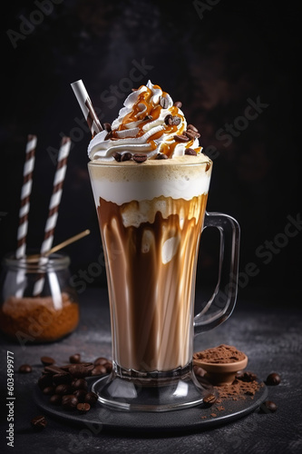 Frappé with whipped cream and chocolate and caramel , Generative AI photo