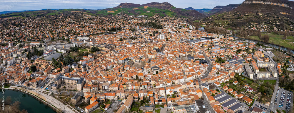 Aerial view around the old town of the city Millau in France on a sunny day in early spring	
