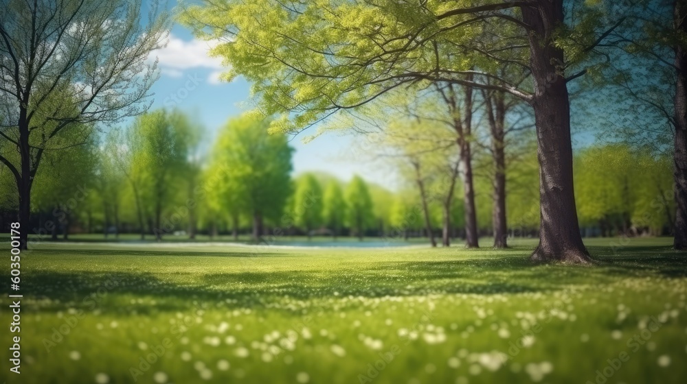 Beautiful blurred background image of spring nature with a neatly trimmed lawn surrounded by trees against a blue sky with clouds on a bright sunny day. Generative AI Beautiful blurred background image of spring nature with a neatly trimmed lawn surrounded by trees against a blue sky with clouds on a bright sunny day. Generative AI