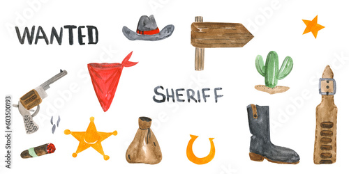 Sheriff and cowboys watercolor elements set wanted