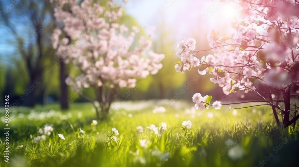 Beautiful blurred background image of spring nature surrounded by flowering trees and flowers against a blue sky with clouds on a bright sunny day. Generative AI
