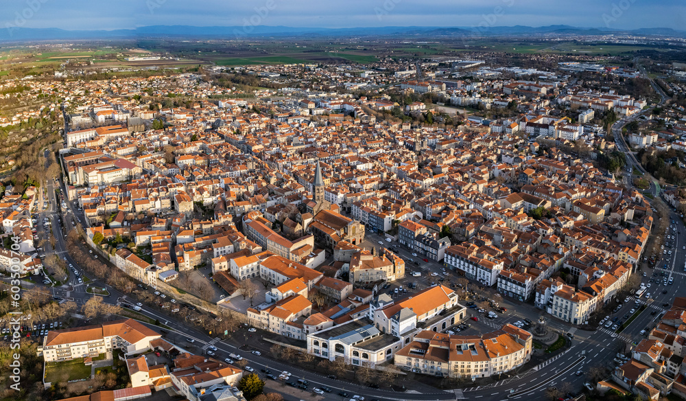 Aerial view of the old town of Riom in France on a sunny afternoon in spring.