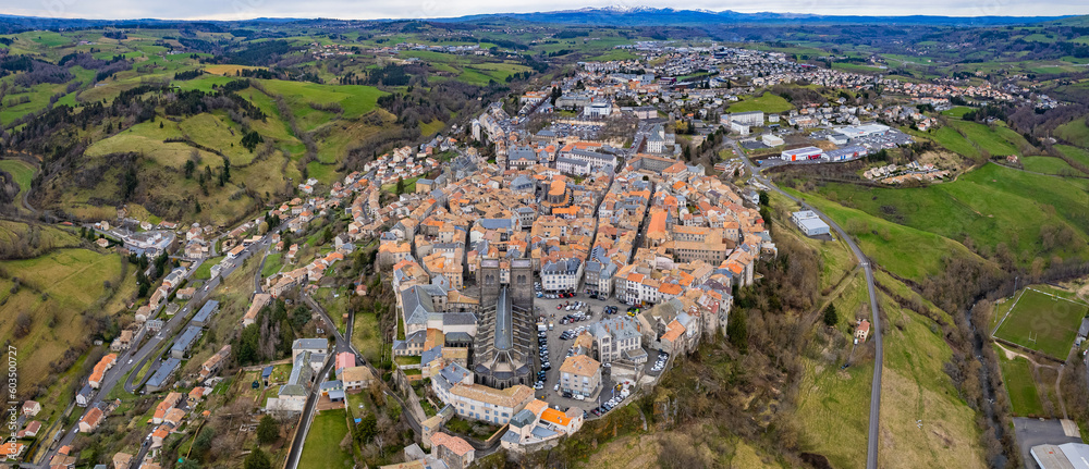 Aerial view of the old town of  Saint-Flour in France on a sunny afternoon in spring.
