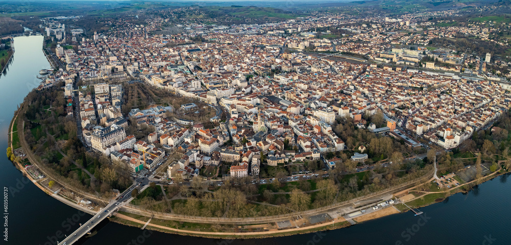 Aerial view of the old town of Vichy in France on a sunny afternoon in spring.
