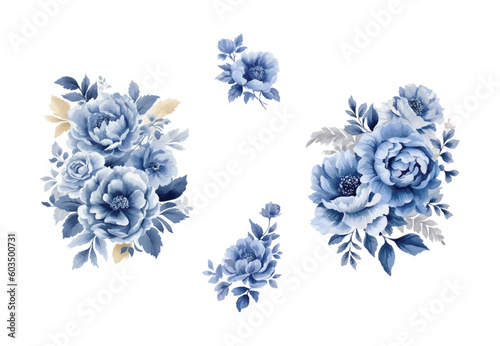Watercolor navy blue flowers set, vintage vector flowers collection.