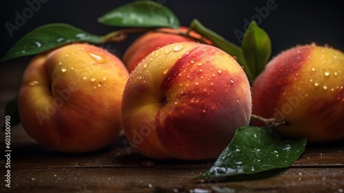 Peaches on a black background. Sweet and juicy peach slices with a stone. Ai Generative