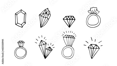 Hand drawn wedding rings and diamonds collection. Doodle vector illustration.