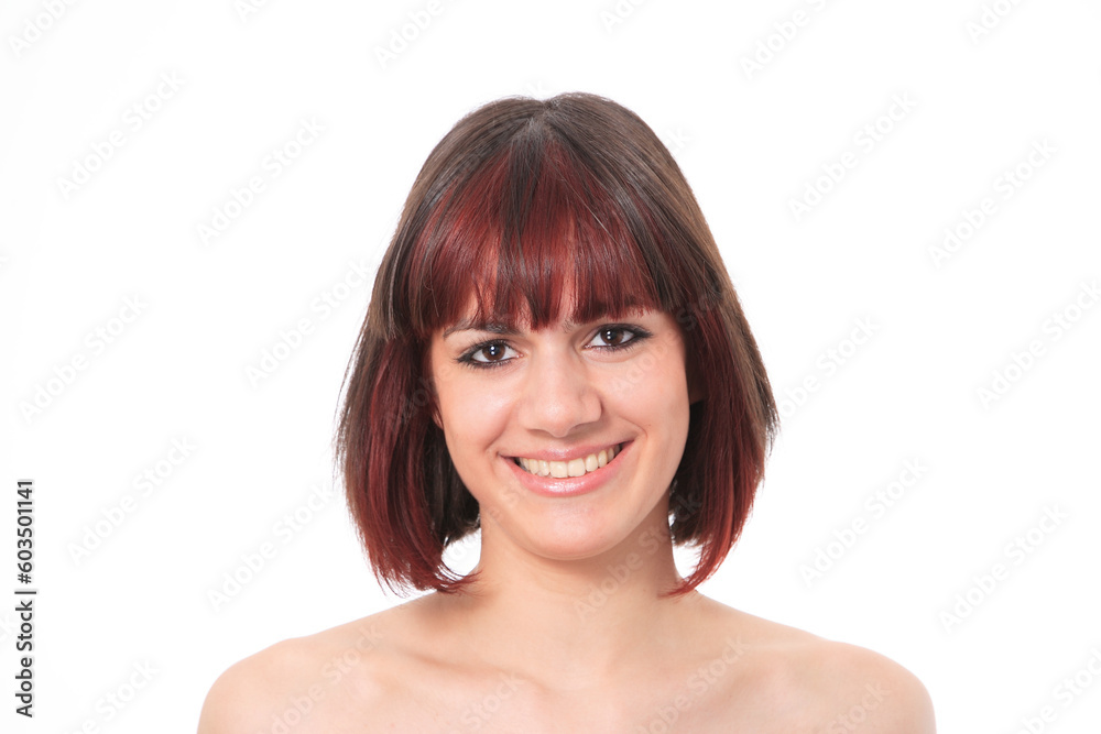 Closeup portrait of a happy young woman smiling isolated on white background Closeup portrait of a happy young woman smiling isolated on white background