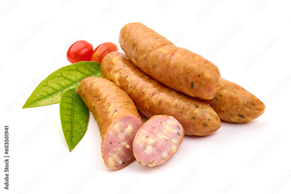 Smoked sausages for grill, isolated on white background. High resolution image. Smoked sausages for grill, isolated on white background. High resolution image.