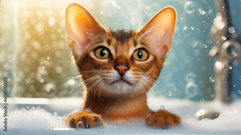 Funny Abyssinian cat in the bathtub background. Foam bubbles are flying around a cute wild-colored Abyssinian cat. Cozy sunny atmosphere. Animal Hygiene and pet care concept. Banner. Generative AI