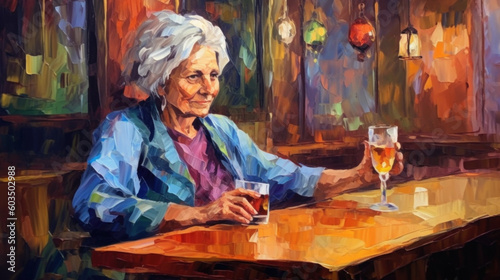 Elderly woman drinks in pub created with generative AI technology