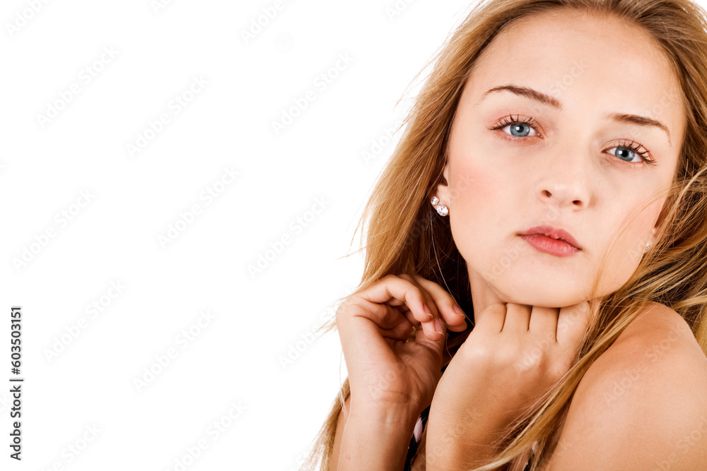 closeup shot of young fashion model on isolated white background closeup shot of young fashion model on isolated white background