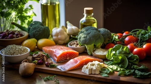 Balanced nutrition concept for clean eating flexitarian mediterranean diet, keto, ketogenic on a wooden kitchen table. Ai Generative. photo