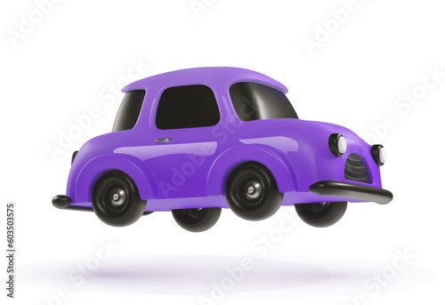 3d cartoon toy car purple color vector design element on the light background. Kids vehicle. Baby transport mode
