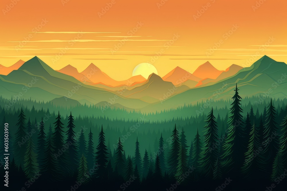 Landscape forest mountains nature adventure travel background - Illustration of valley view of forest fir trees, mountains and sunset, Generative Ai