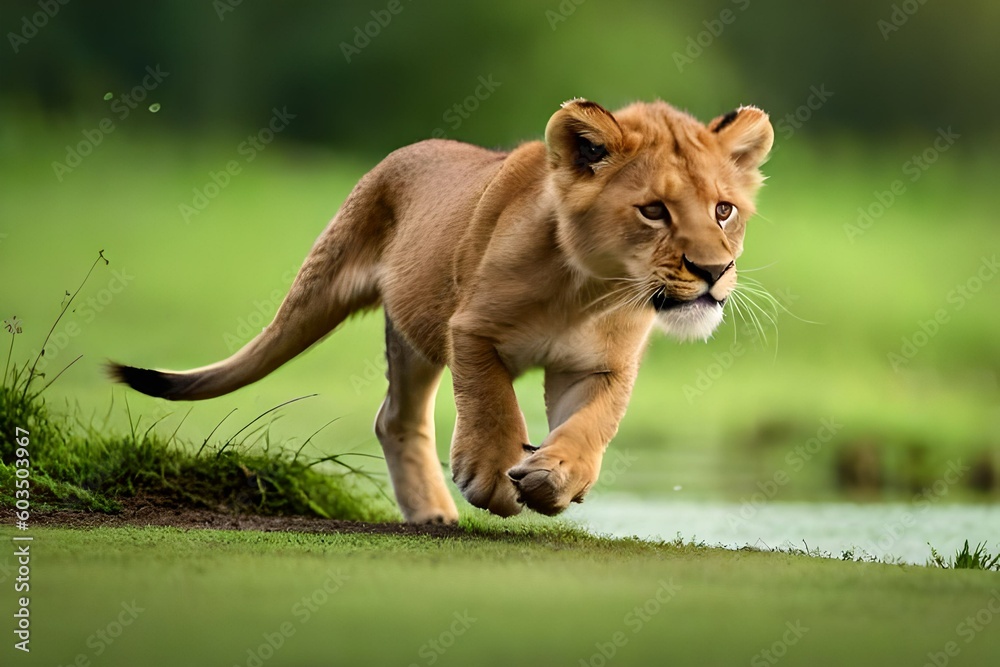 Obraz premium lion in the grass and forests see near the river