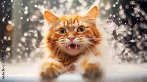 Foam bubbles are flying around a funny cat. An active ginger cat is happy to bathe in the bathtub with foam in the grooming salon. Animal Hygiene and pet care concept. Banner. Generative AI
