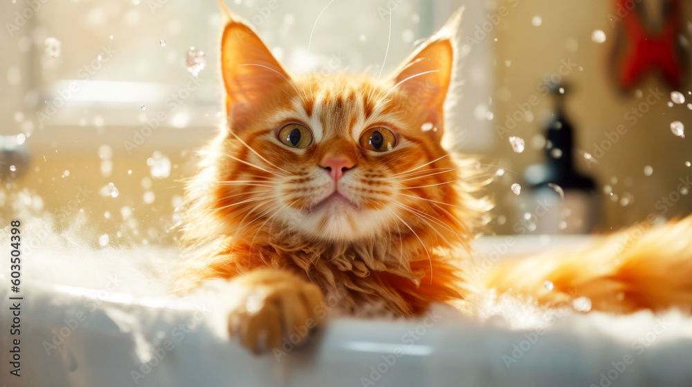 Cute ginger fluffy cat in the bathtub in the grooming salon. Foam bubbles and splashing water are flying around a funny cat. Animal Hygiene and pet care concept. Copy space. Banner. Generative AI
