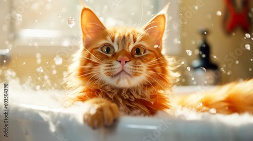Cute ginger fluffy cat in the bathtub in the grooming salon. Foam bubbles and splashing water are flying around a funny cat. Animal Hygiene and pet care concept. Copy space. Banner. Generative AI