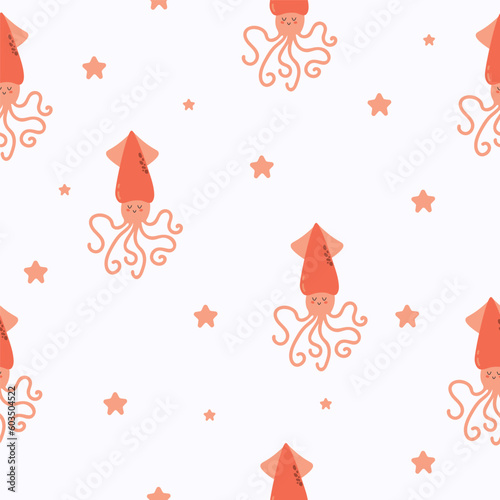 Seamless children's pattern with cute squids. Marine-themed pattern with underwater animals. Texture for fabric, packaging, textiles, clothing. Vector illustration. 