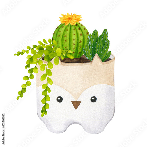 Cacti and succulents in a ceramic pot in the form of a cute owl. Green indoor plants. Boho, scandinavian style. Watercolor clipart for design of cards, logos, stationery, print, fabric, home textile.
 photo