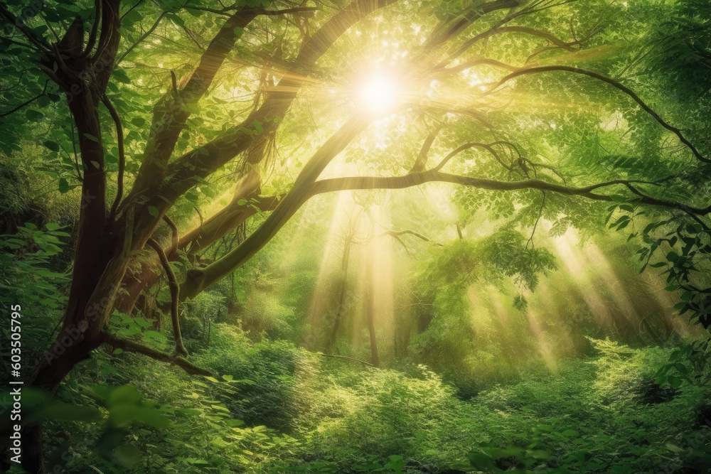 Sunlight beams shining through the leaves in the forest, Generative AI