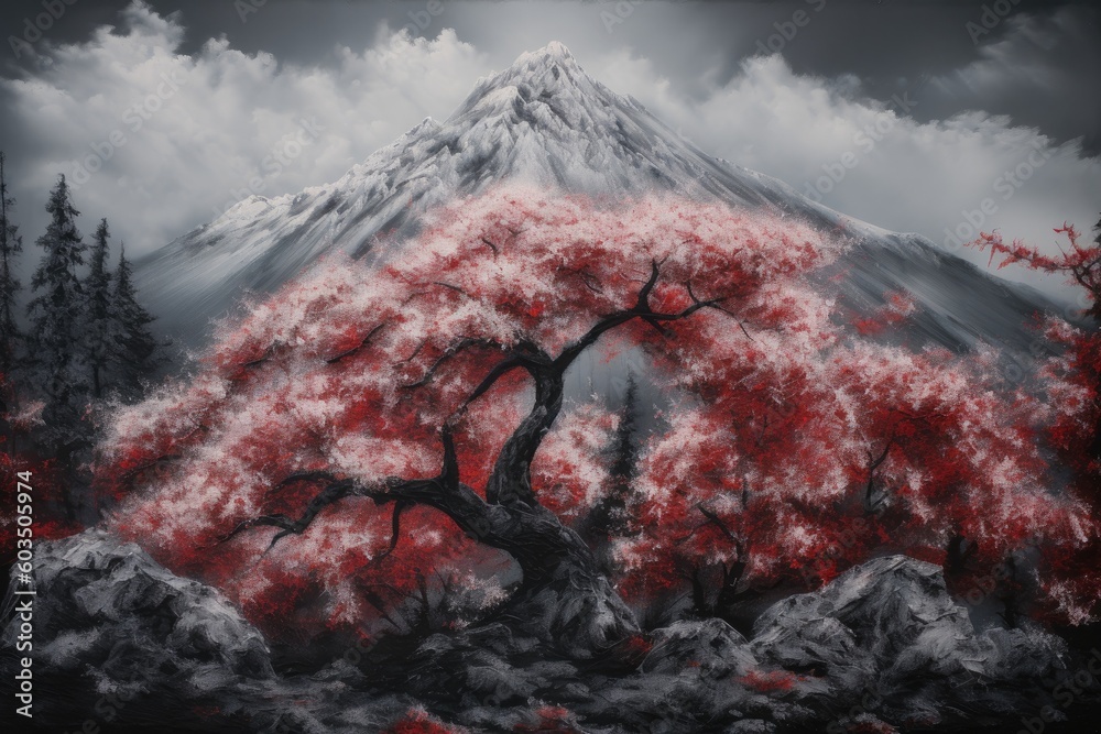Obraz premium Japanese painting style landscape. Japan traditional culture. illustration created with ai. red and dark style Generative AI