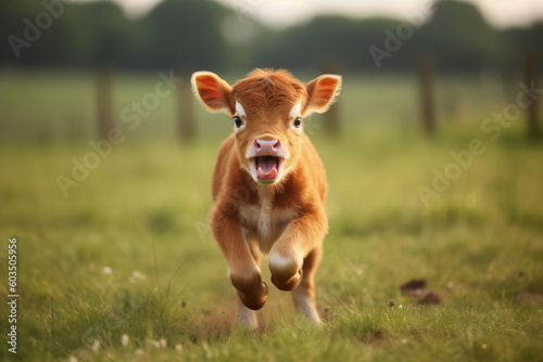 brown calf running on the grass