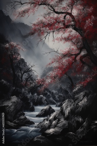 Japanese painting style landscape. Japan traditional culture. illustration created with ai. red and dark style Generative AI