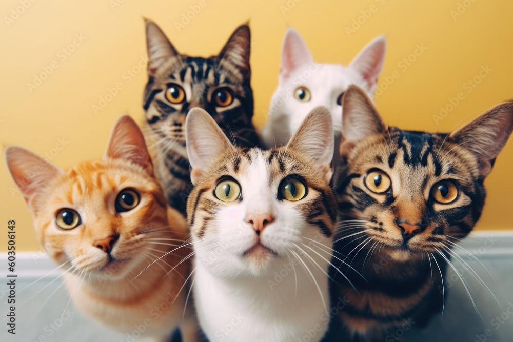Cats on an yellow background. A group of funny multicolored, different breeds cats looks into the camera and waiting to be given cat food to eat. Funny pets. Generative AI Cats on an yellow background. A group of funny multicolored, different breeds cats looks into the camera and waiting to be given cat food to eat. Funny pets. Generative AI